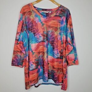 Soft Surroundings Colorful Knit Tunic Top Sz 3X V Neck 3/4 Sleeve Tropical Artsy